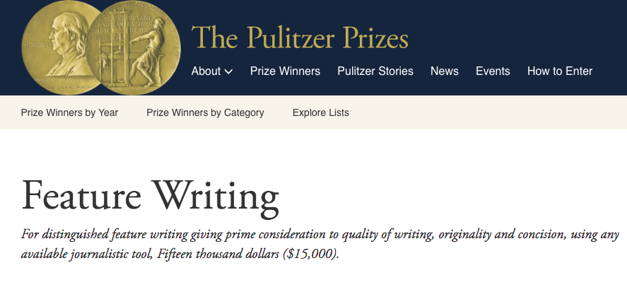 Pulitzer Prizes website screenshot