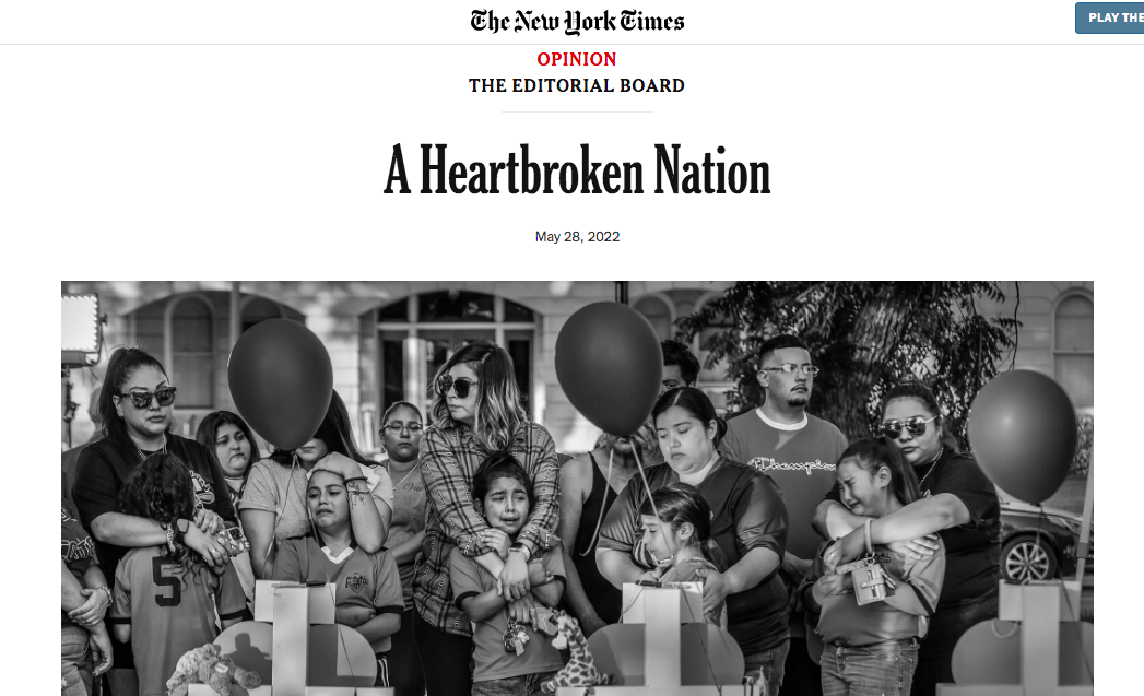 Screenshot of New York Times editorial with headline "A Heartbroken Nation" 