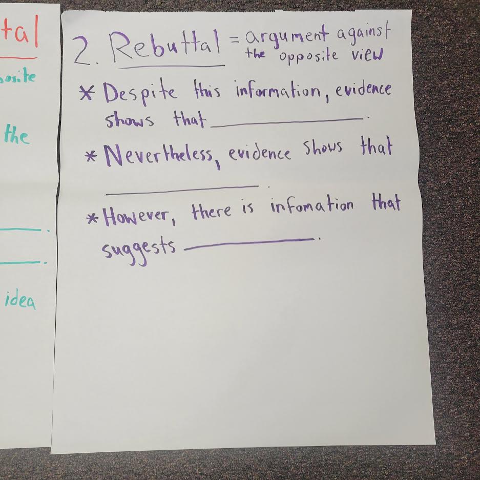 Photo of handwritten rebuttal sentence starters from Supporting Academic Language section. 
