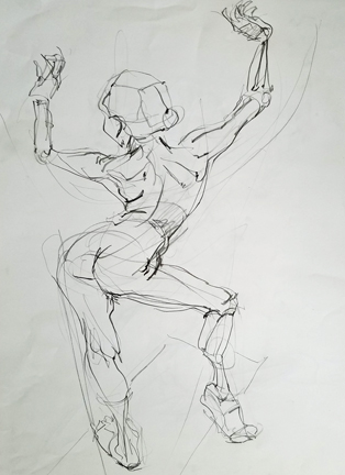 graphite gesture drawing, standing female, swinging hips back