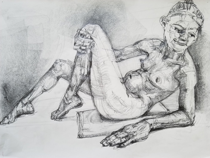 pencil drawing to illustrate investing in negative space to pop the positive. Female reclining nude.