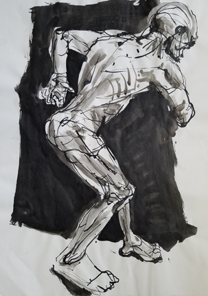 india ink, 20 min drawing, male twisting away, crouched illustrates use of neg space to pop the positive.