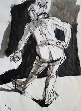 India ink, 20 min pose, illustrates flooding neg space with dark ink to pop the figure.