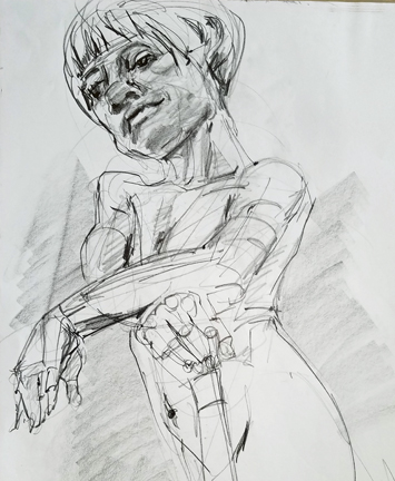 pencil drawing. planar analysis evident in hands. gestural marks provide interesting line quality.