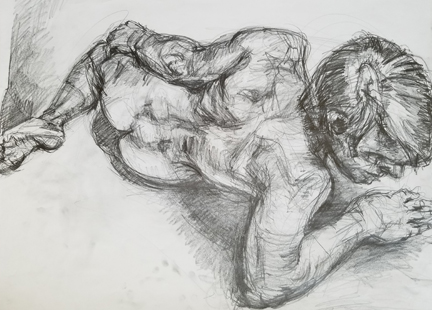 Foreshortened view, pencil drawing with variety in line direction for visual interest