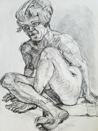 pencil drawing, female sitting cross-legged on floor. Illustrated hatching/cross contour to convey volume