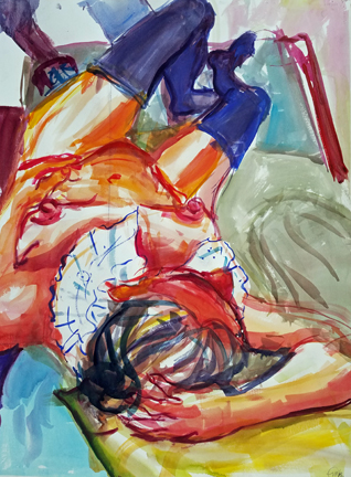watercolor, reclining nude with stockings and neck collar