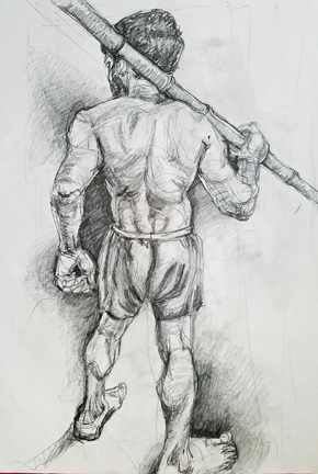 pencil drawing, standing male back view with staff at shoulder, to illustrate the effect of light