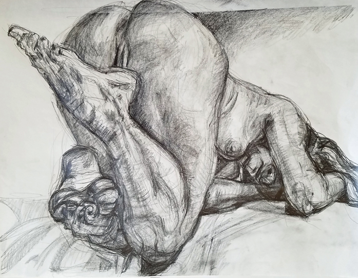 pencil drawing. female kneeling on floor. Illustrates the transition from hatching into tonal gradation.