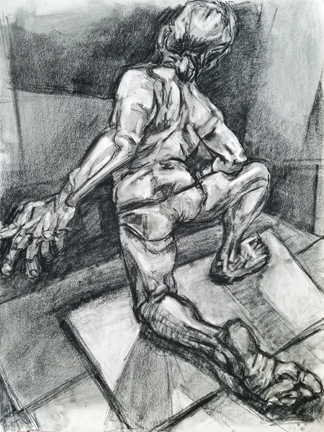 charcoal drawing using the subtractive technique. Male, back view, on knee.