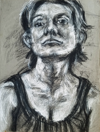 Portrait, female, on gray charcoal paper using black and white charcoal