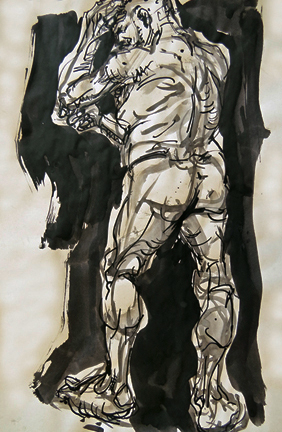 ink, standing male, back view to illustrate tenebrism