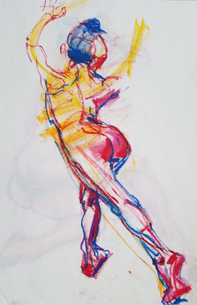 standing female back view, oil pastel to illustrate yellow, red and blue balance