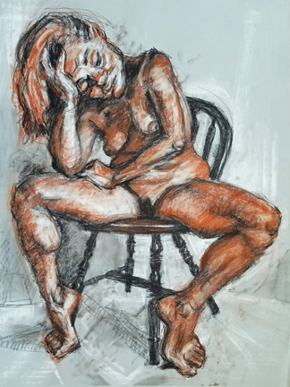 White, black and sanguine charcoal on gray paper  to introduce temperature. Female slouched on chair.