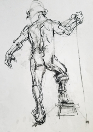 Standing male nude, back view. Gesture. Charcoal, vine and compressed.