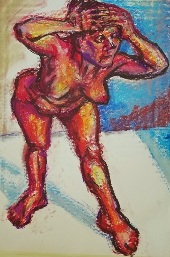 female, bending forward, to illustrate working with oil pastel on warm-toned charcoal paper