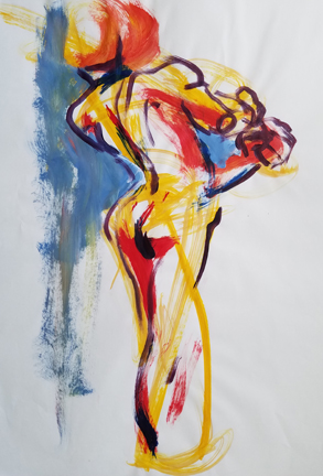Standing nude, back view, acrylic on drawing paper illustrating yellow, red and blue balance