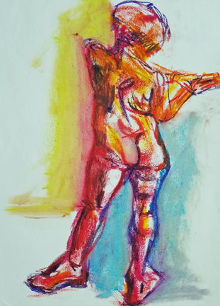 Female, standing, back view oil pastel to illustrate that oil pastels are oil soluble and can be smeared.