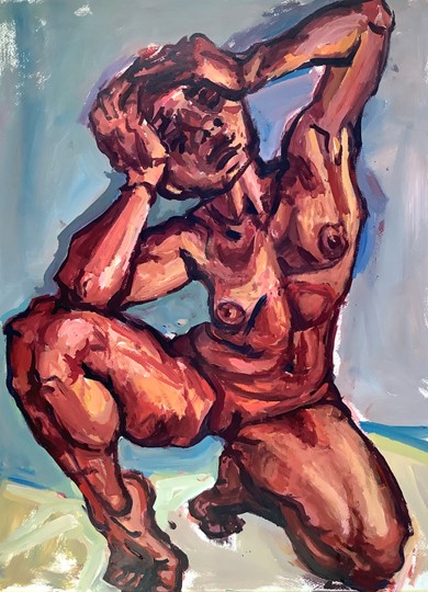 female, crouched with hands on head, acrylic on gessoed watercolor paper