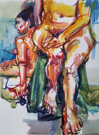 two females, seated, watercolor on watercolor paper to illustrate working with two models