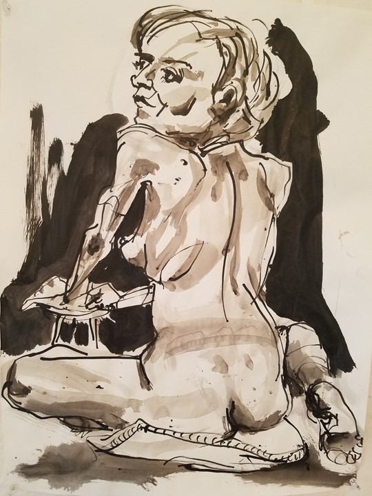 life drawing of model seated on floor, back view, in India ink
