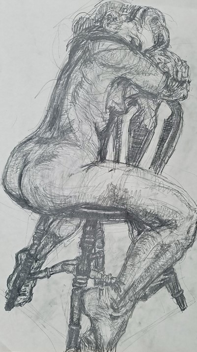 life drawing in pencil, model straddling chair