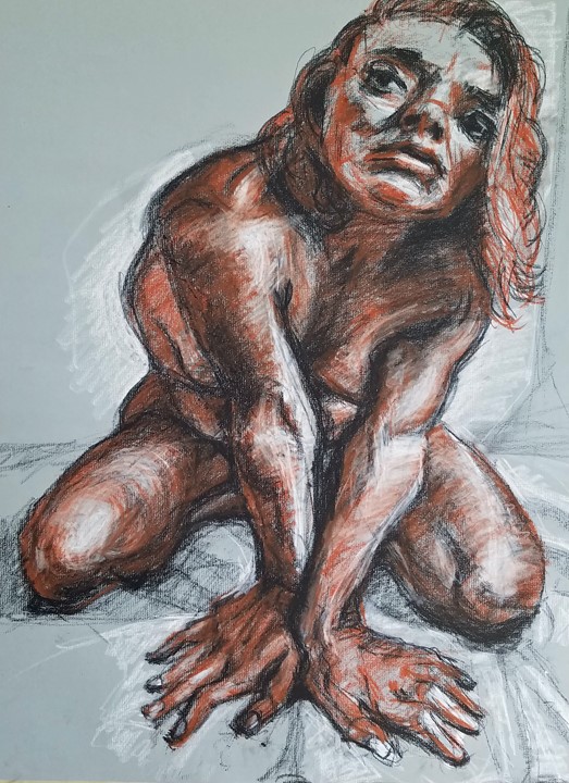 life drawing 19 x 25, crouched figure, in black, white and sanguine charcoal on gray charcoal paper