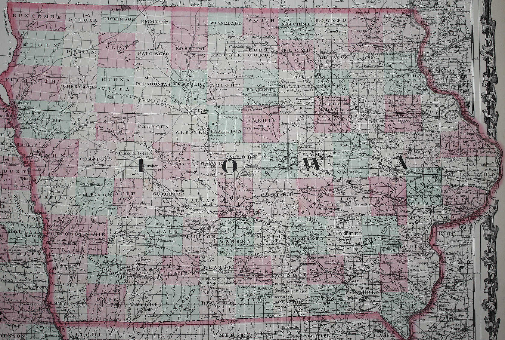 Map 1863 Iowa map by Johnston- note Buncombe County in NE corner later renamed to Lyon County