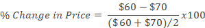 The percent change in price is calculated by subtracting $60 from $70, dividing the result by the average of $60 and $70, and then multiplying the quotient by 100.