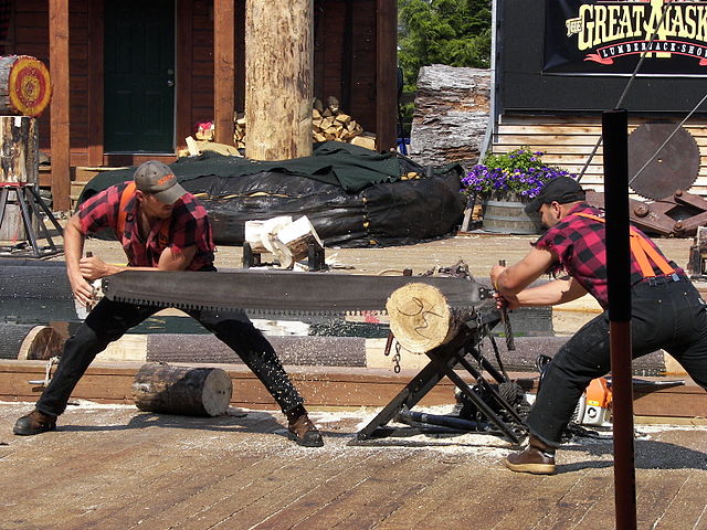 Image of two lumberjacks sawing wood