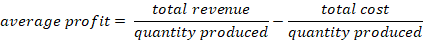 average profit is calculated by subtracting the result of dividing the total cost by the quantity produced from the result of the total revenue divided by the quantity produced