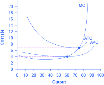 The graph shows marginal cost as an upward-sloping curve, and average variable cost and average total cost as U-shaped curves