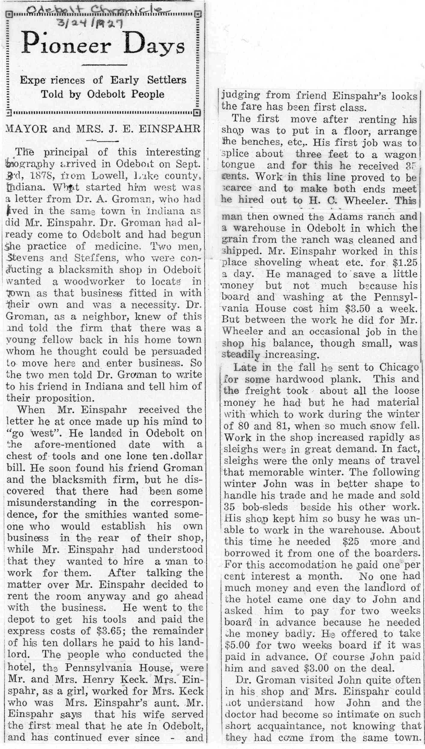 Newspaper article Pioneer Days 1878  Einspahr starting from scratch