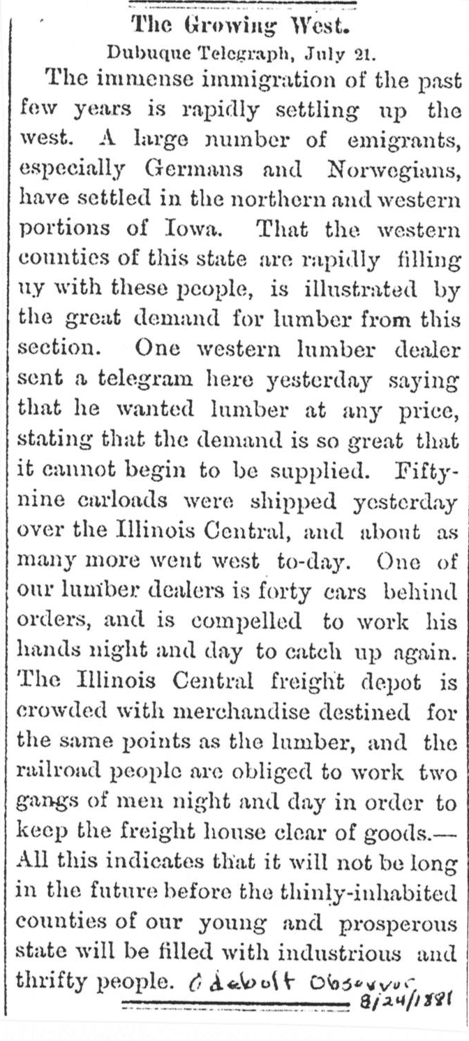Newspaper article reprinted in Odebolt Observer 1881wood shortage