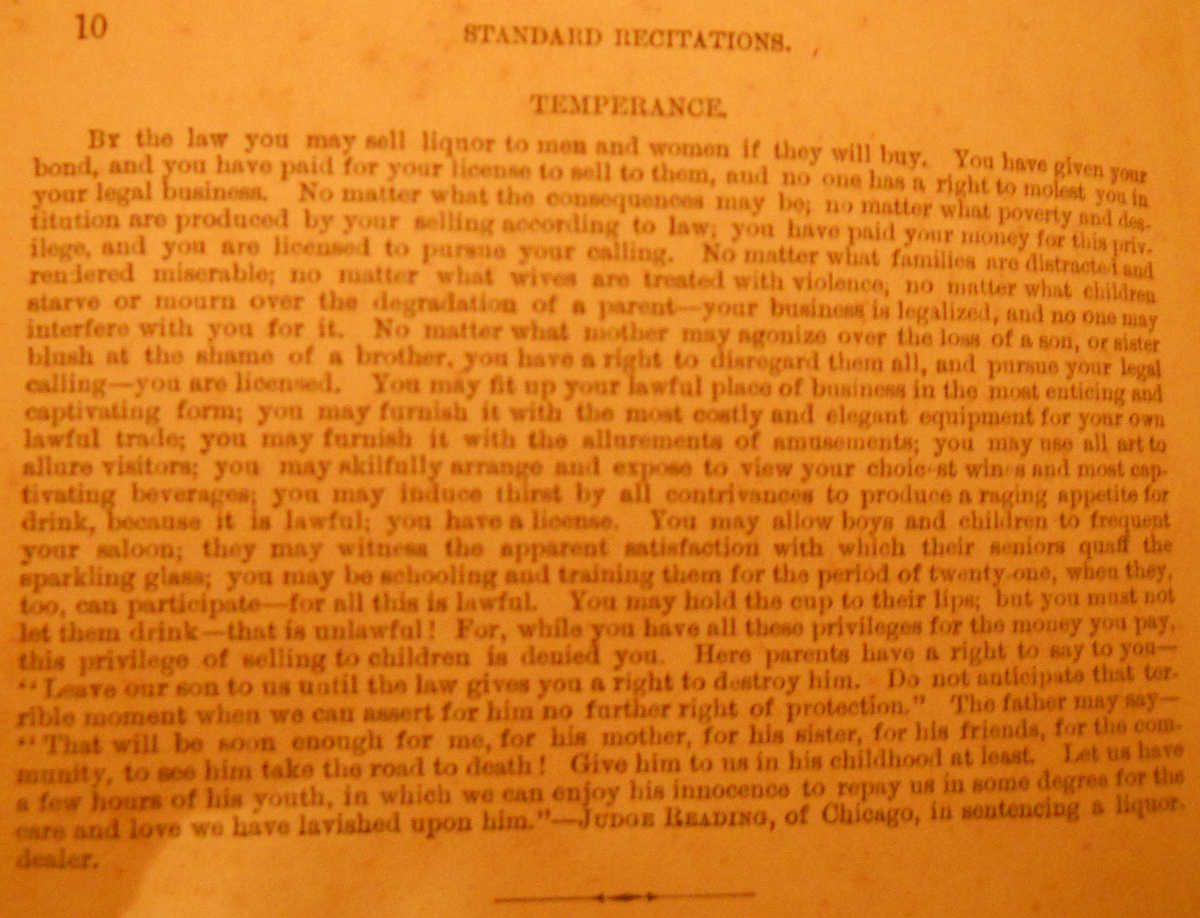 School document example of on piece on Temperance 1886 to memorize