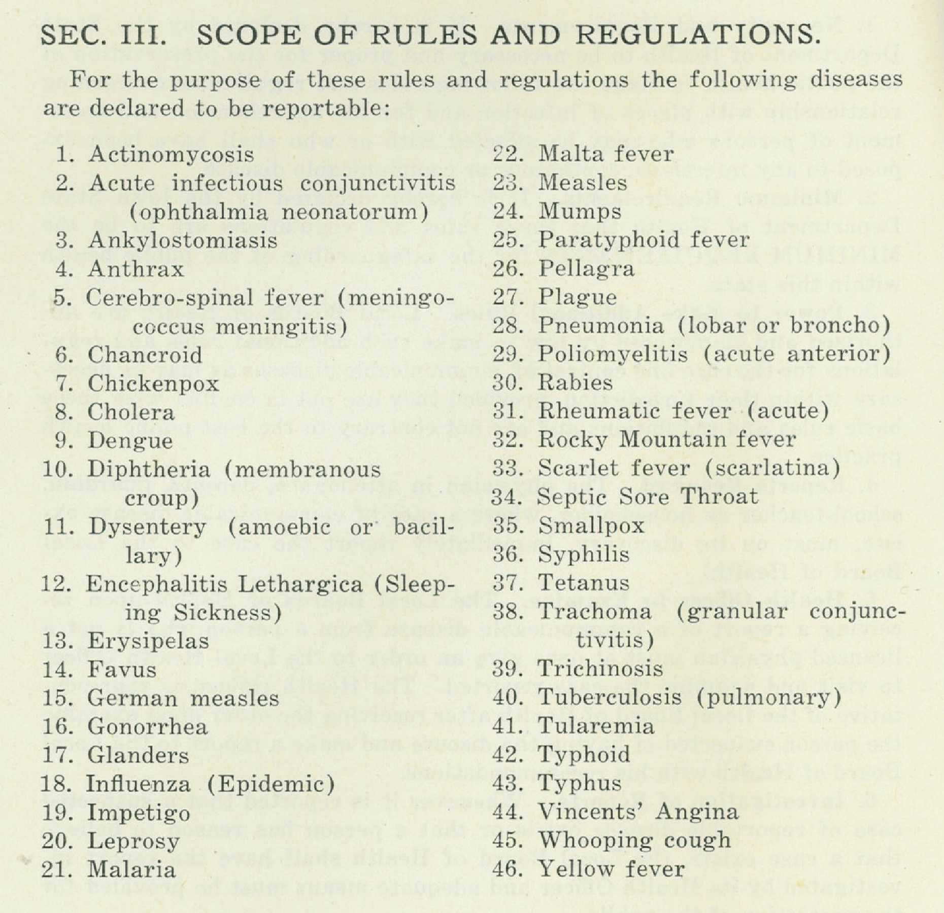School document Reportable Diseases Required by Iowa Health Department 1927