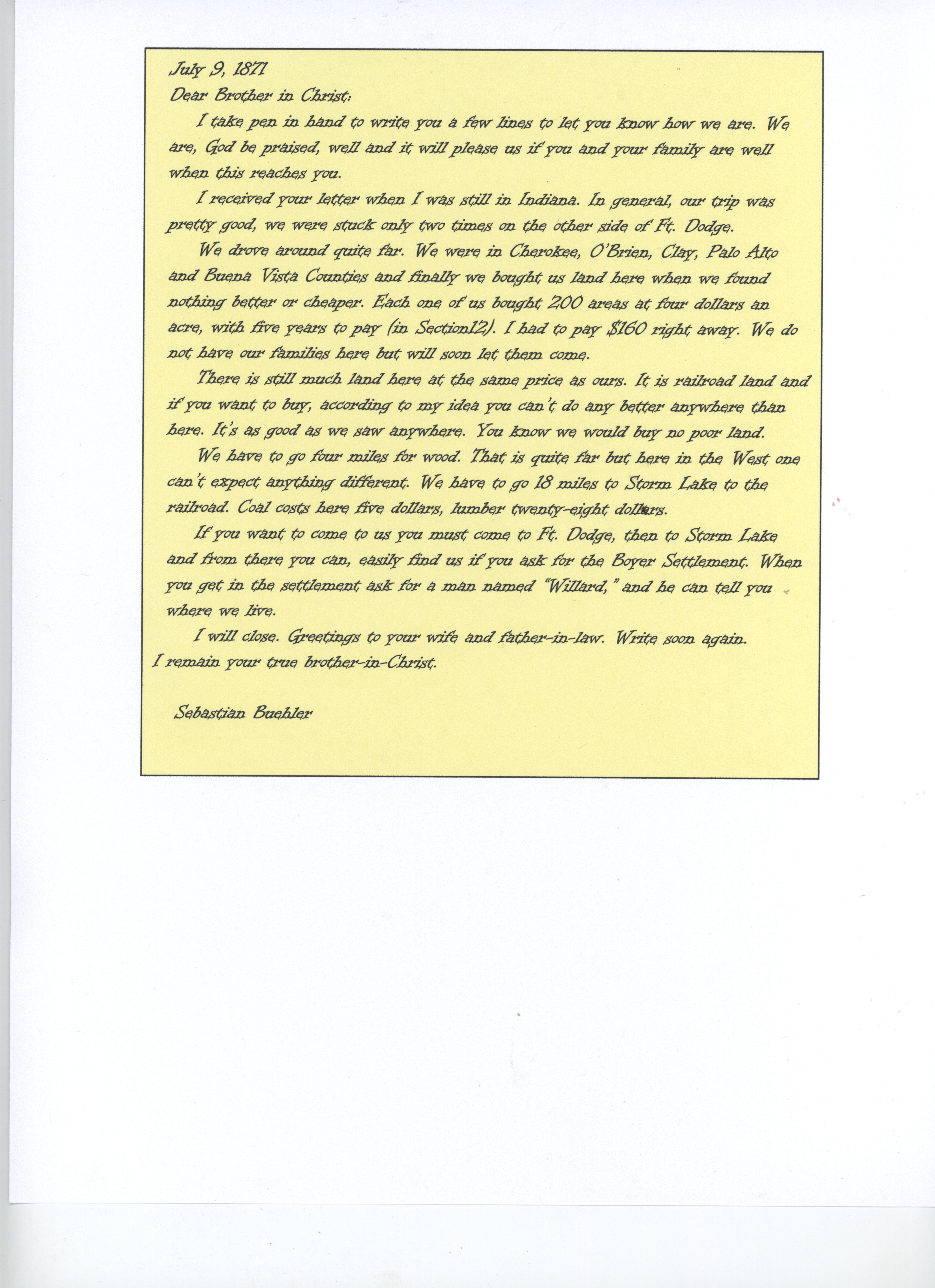 School document Sebastian Buehler 1871  letter reproduced