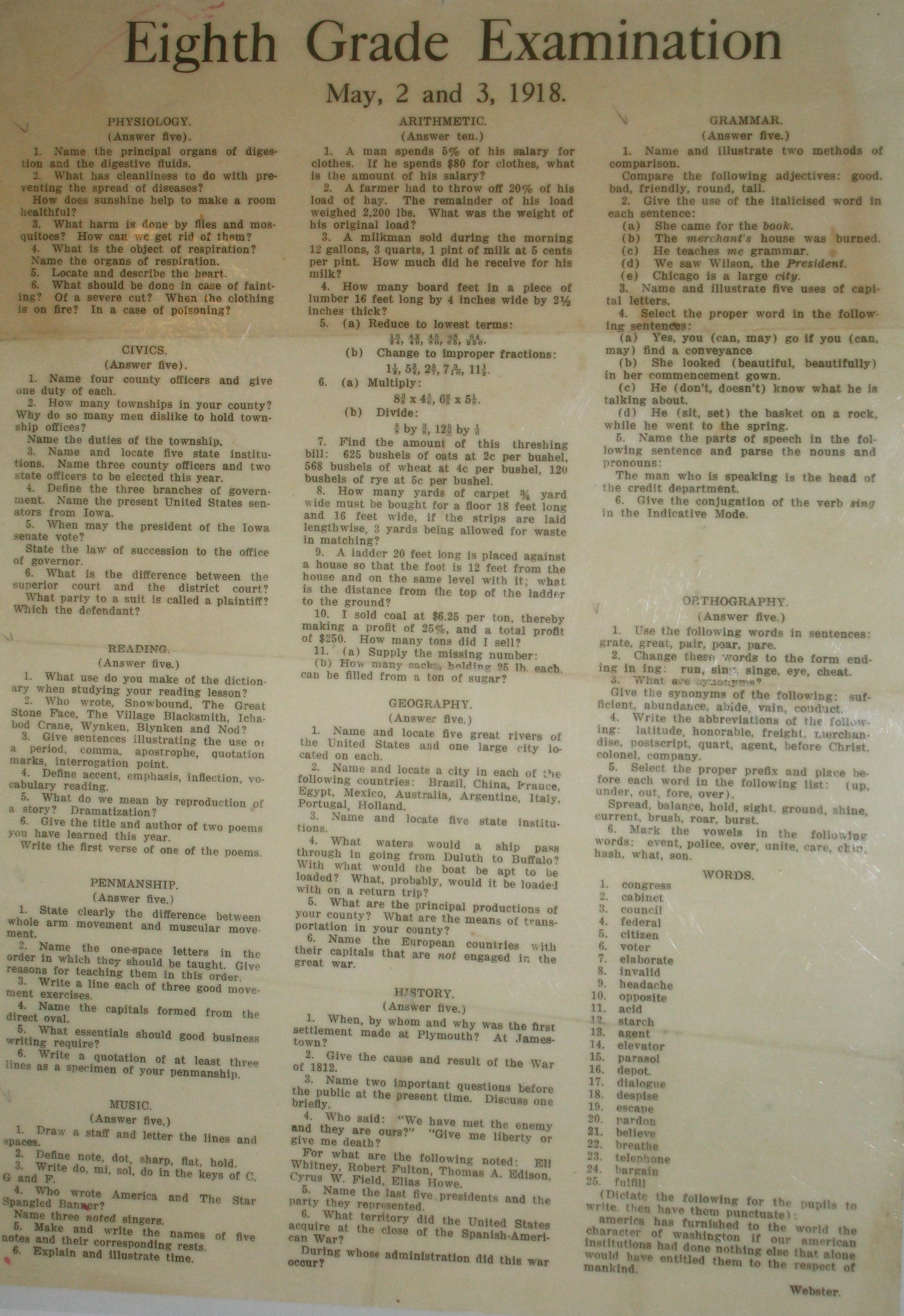 School document student  example  1918 8th Grade Exam