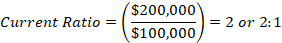 Current ratio equals $200,000 divided by $100,000, equals 2, or 2 to 1.
