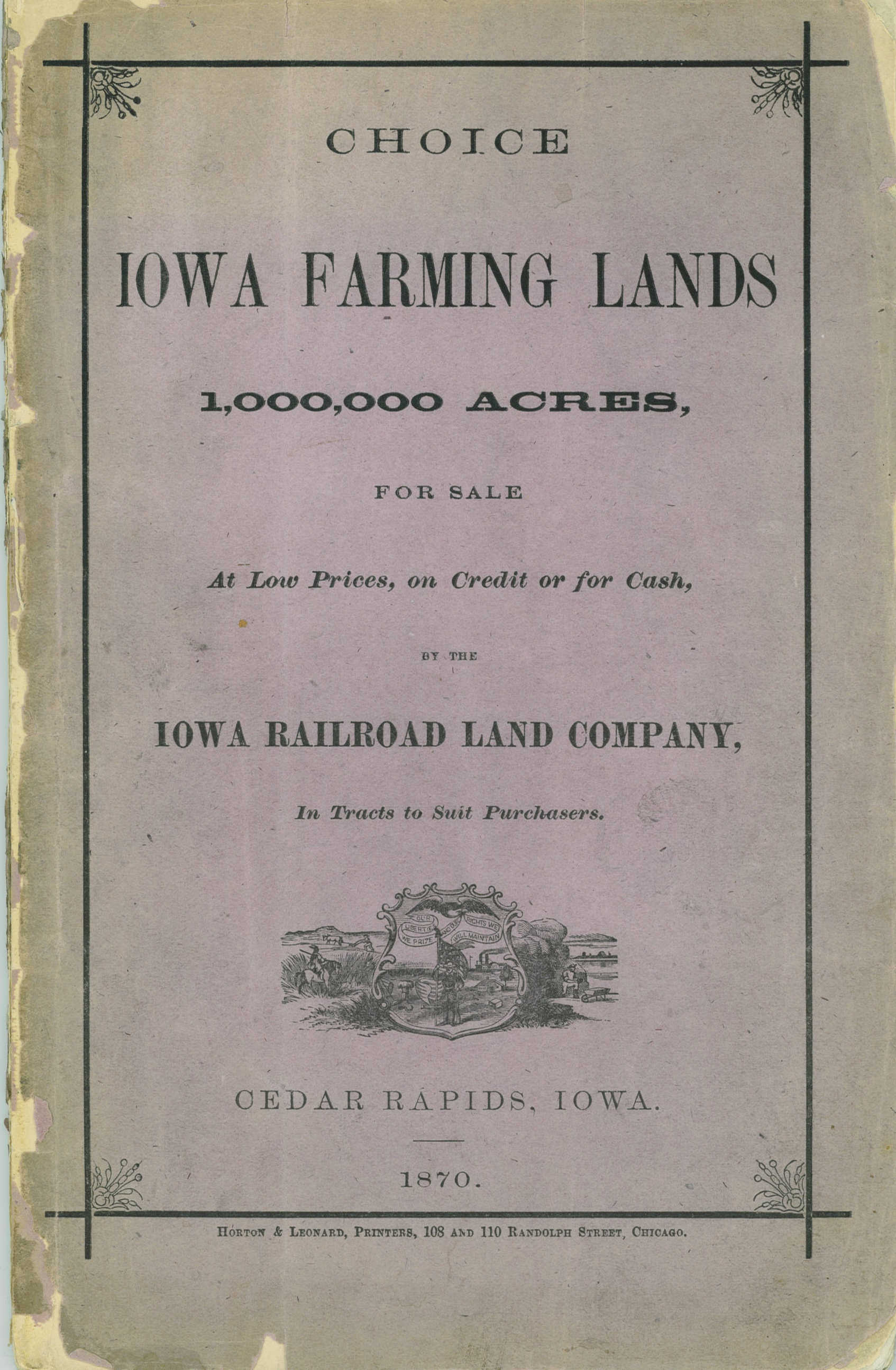 Books Choice Iowa Farming Land for Sale-first booklet cover 1870