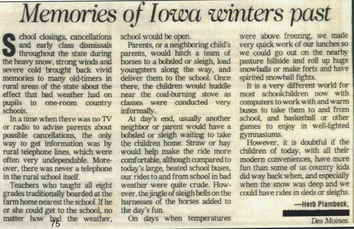 Newspaper article Memories of Iowa Winters by Herb Plambeck