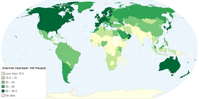 Colored map of Internet users per 100 people