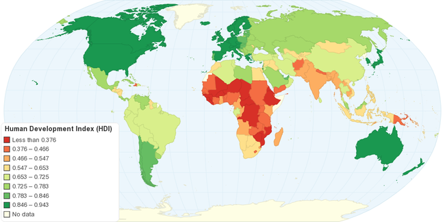 Human Development Index 2012 on world map.
