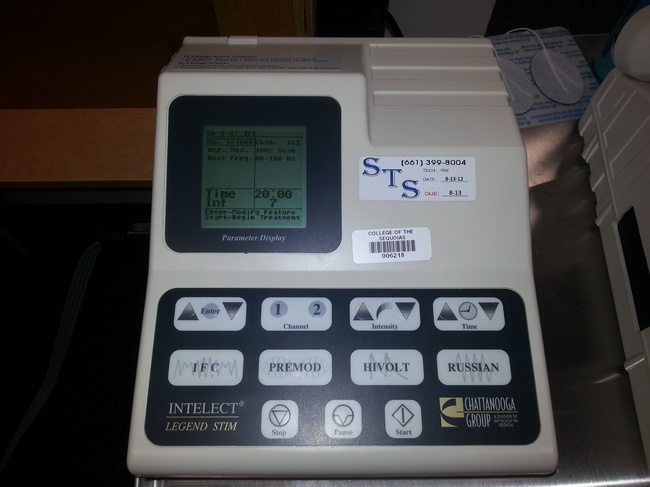 This is the interface of an EStim machine that will provide the electrical current to the patient's muscles.