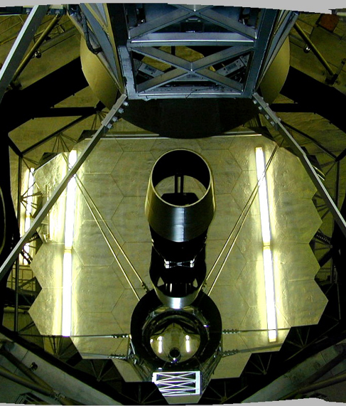 The mirror of the 10-meter Keck telescope is composed of 36 hexagonal sections. (credit: NASA)