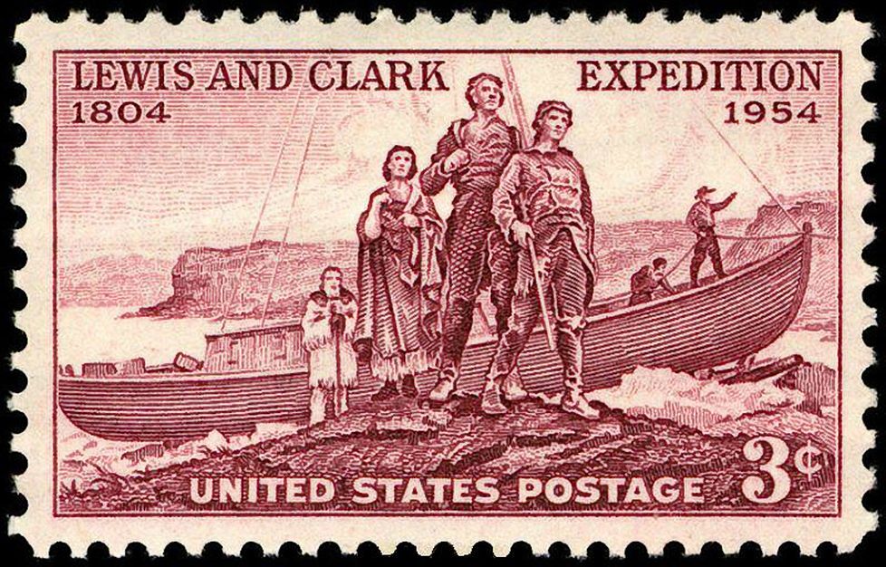 Lewis and Clark Expedition commemorative postage stamp, showing the members of the expedition in front of a boat.
