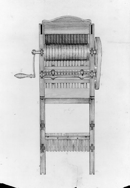 US Patent Office drawing of Eli Whitney's cotton gin, circa 1795. Public domain, via Wikimedia Commons