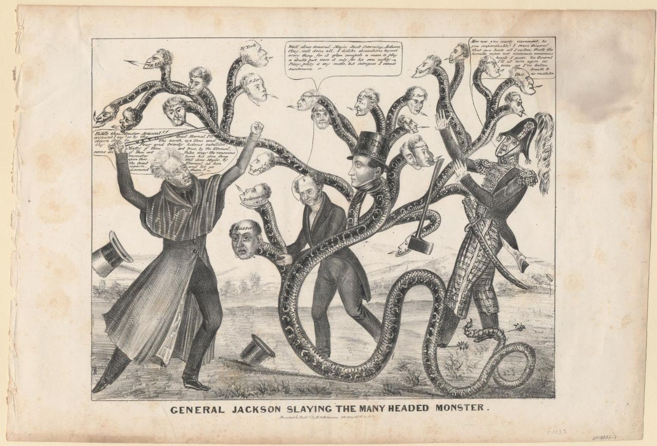 This political cartoon depicts Jackson battling a many-headed monster that represents the bank. [Public Domain]  via Wikimedia Commons.