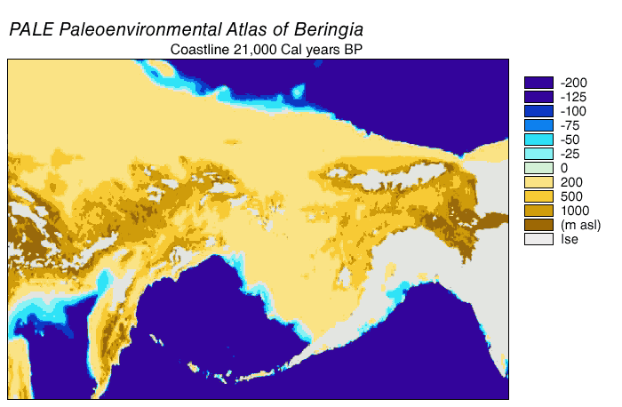 Beringia Land Bridge. Animated gif of its progress from 21.000 BC to modern times. By NOAA [Public domain], via Wikimedia Commons