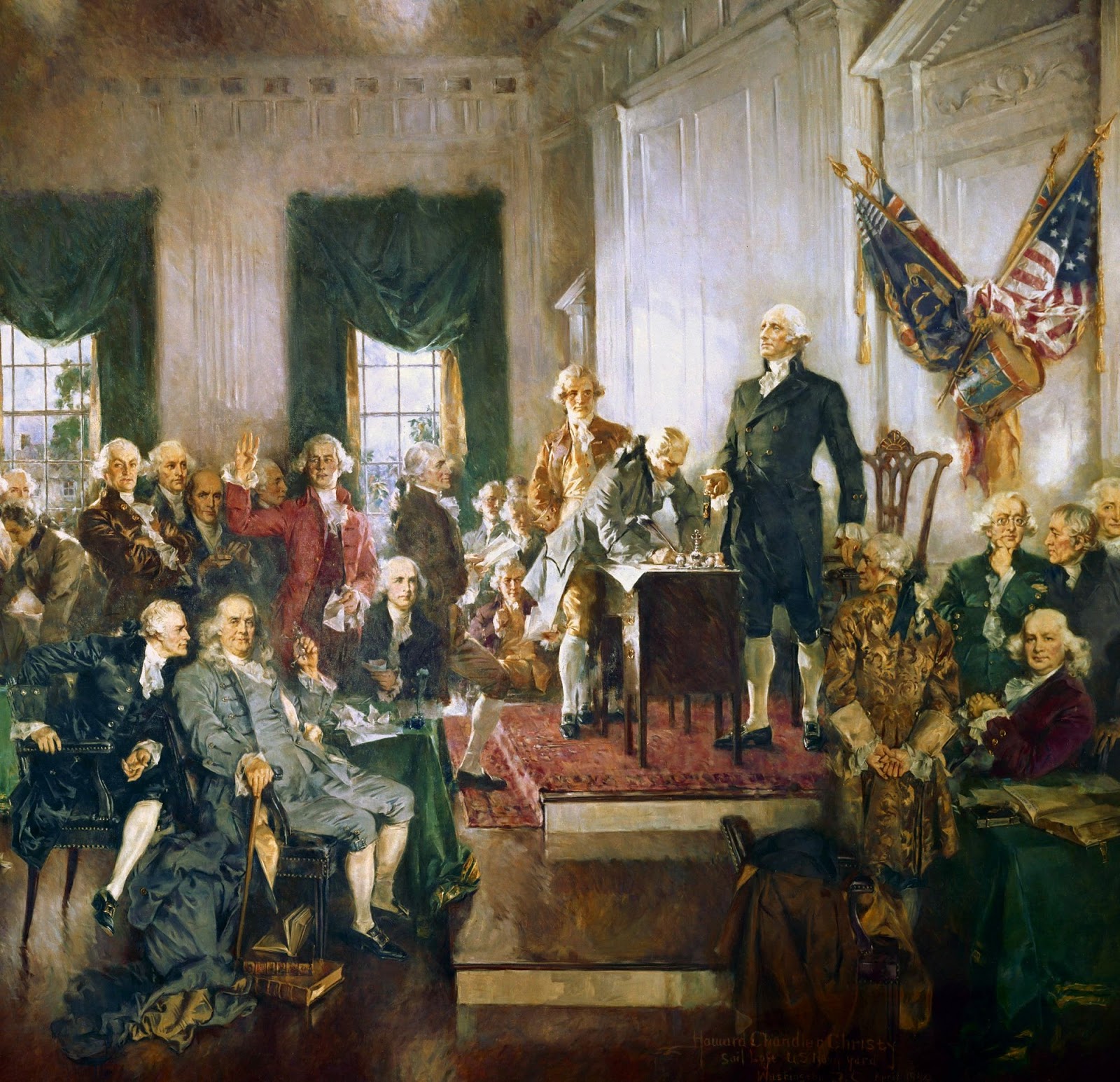 Scene at the Signing of the Constitution of the United States by Howard Chandler Christy [Public Domain], via Wikimedia Commons; modified (crop)